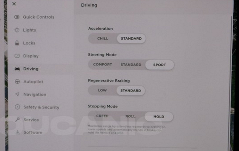tesla driving modes acceleration chill standard steering mode comfort sport regen brakes low stopping creep roll hold