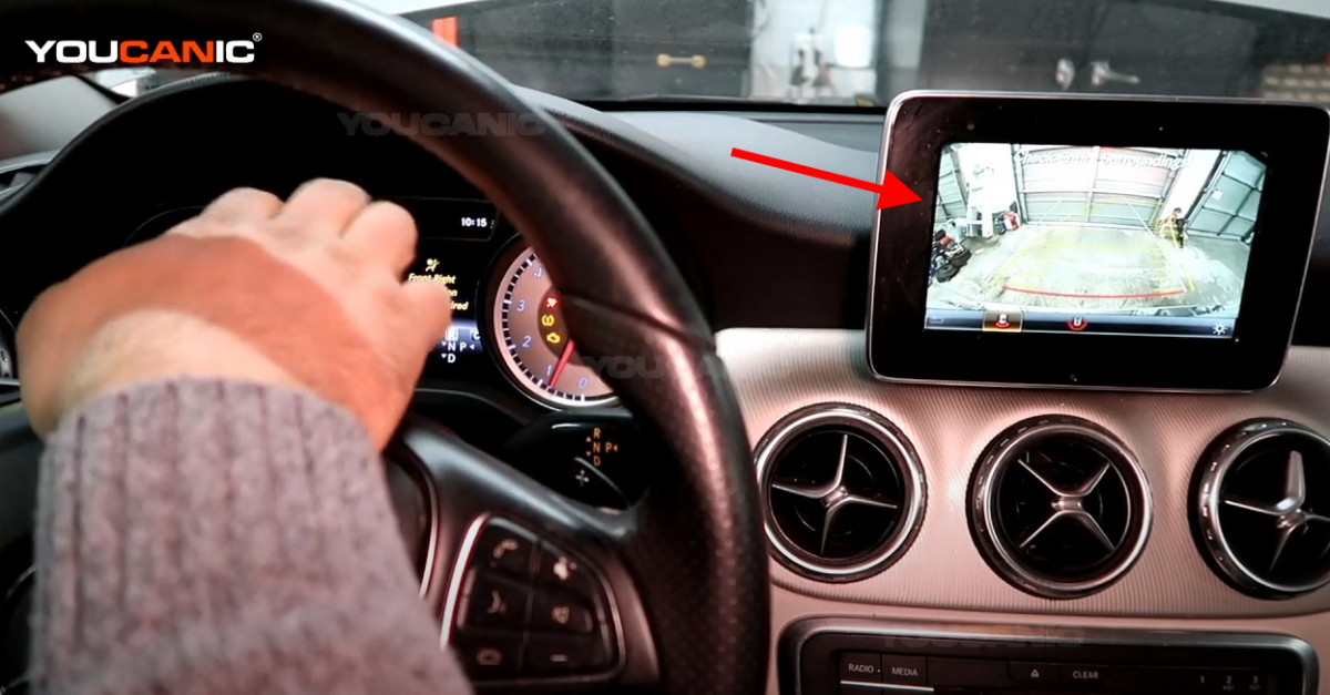 Checking the lines on the screen of the backup camera.